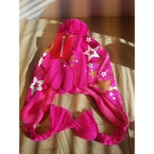 American  Girl  Pink/Gold Star‎  Pom Pom Tie Knit Hat/Gloves Size 8+ Years